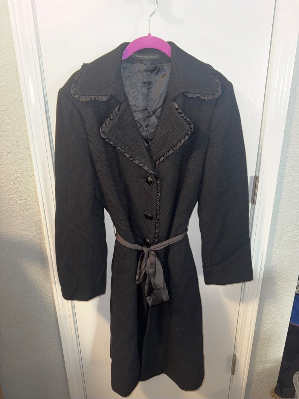 Express Black Trench Coat with Satin Tie and Braided Trim